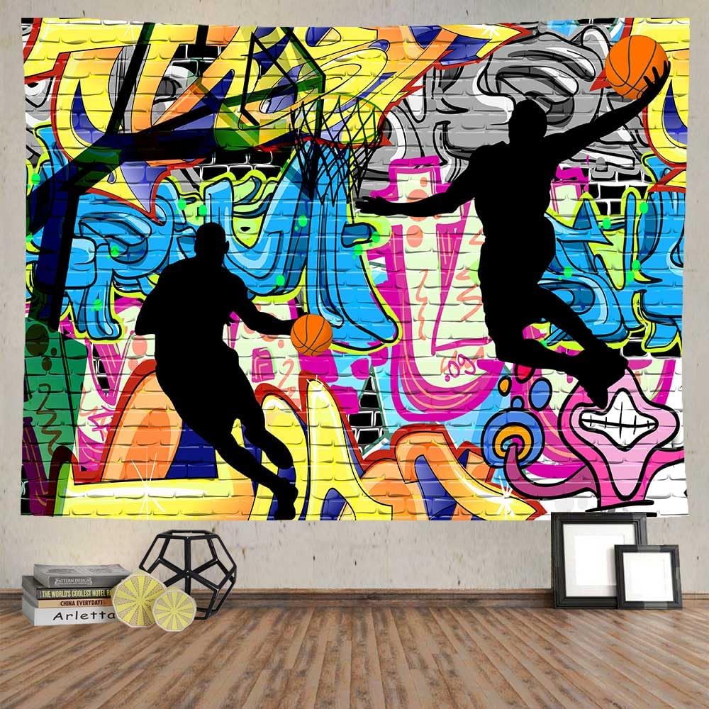 Vibrant Graffiti Basketball Wall Tapestry Indoor Sport Mural Art Pop Graffiti Street Decor Modern Athletic Room Decoration Canva