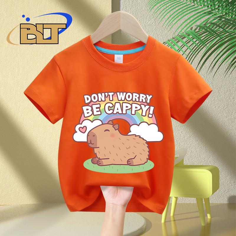 Cute Capybara And Rainbow Dont Worry Be Cappy kidsTshirt summer pure cotton shortsleeved casual top for boys and girls