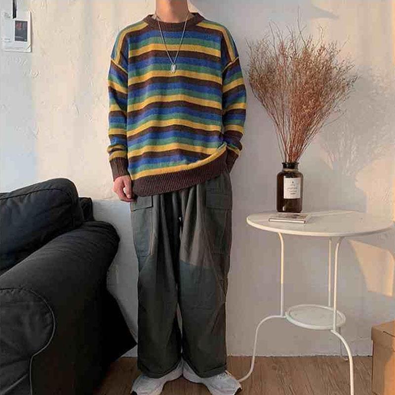 Korean Contrasting Colors Striped Pullovers Knitted Men's Casual Loose Autumn Winter O-Neck Long Sleeve Sweaters