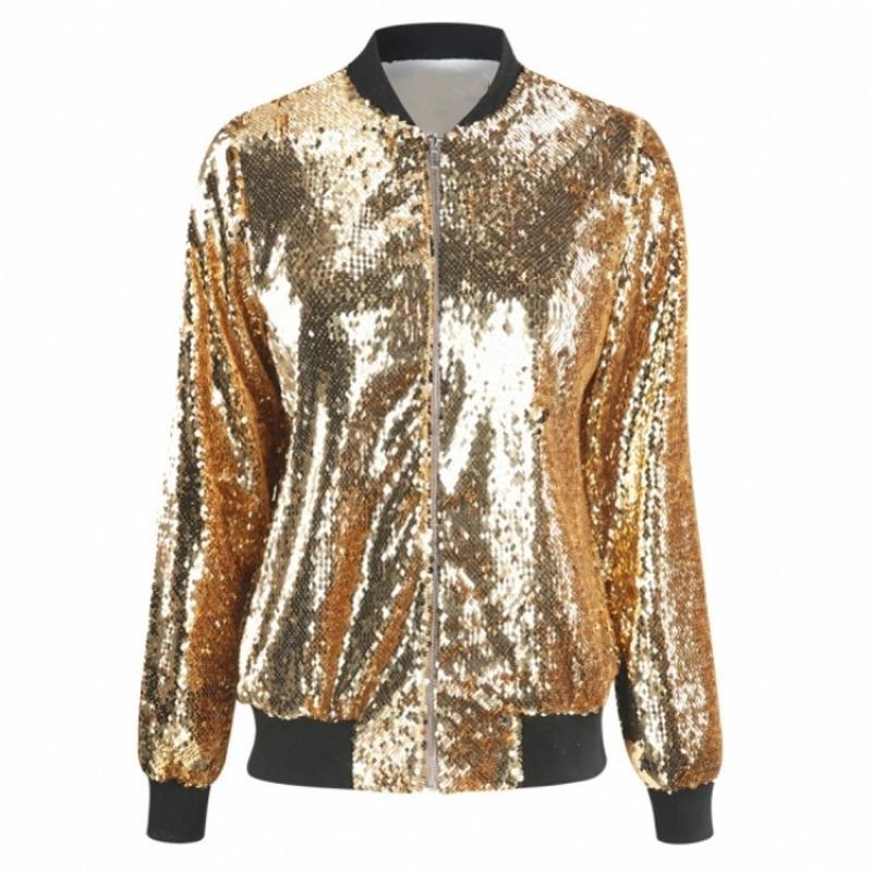 Women's Autumn Shiny Sequin Jacket Long Sleeve Front Zip Loose Coat Ribbed Cuffs Elegant Glitter Outerwear