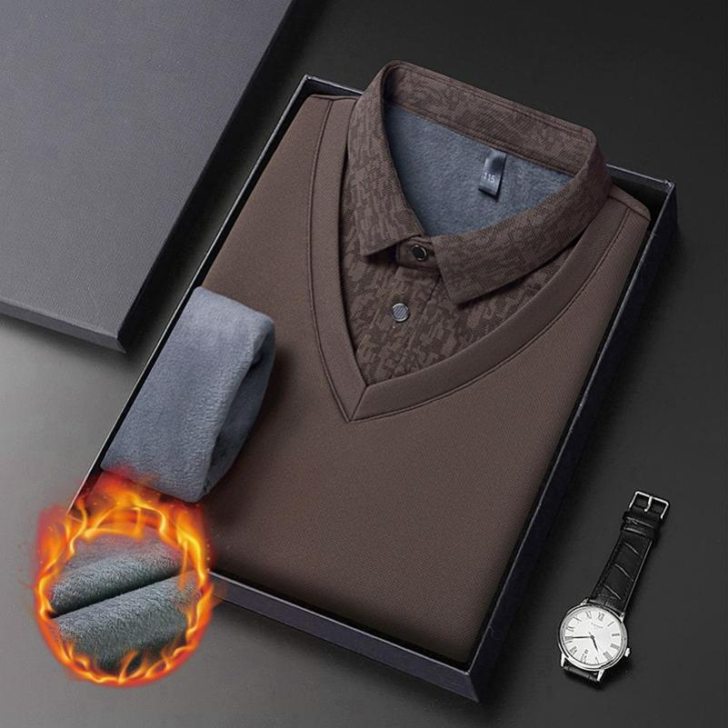 Plus Velvet Men's Long-sleeved T-shirt Winter Vacation Two-piece Middle-aged Lapel Thickened Warm T-shirt Men's Bottoming Shirt