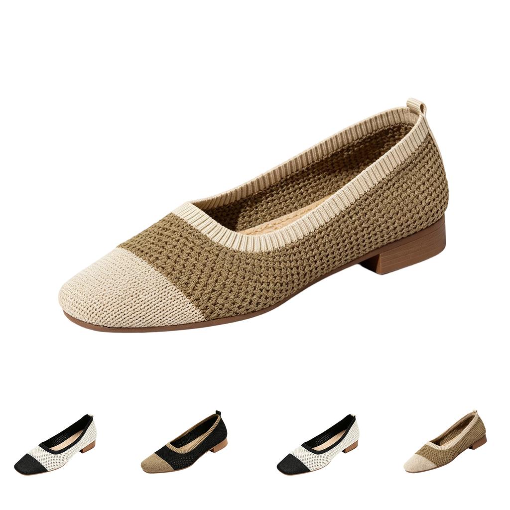 Women's Plus Size Casual Loafers Square Toe Slip On Lightweight Breathable Knit Upper Comfortable Flat Shoes