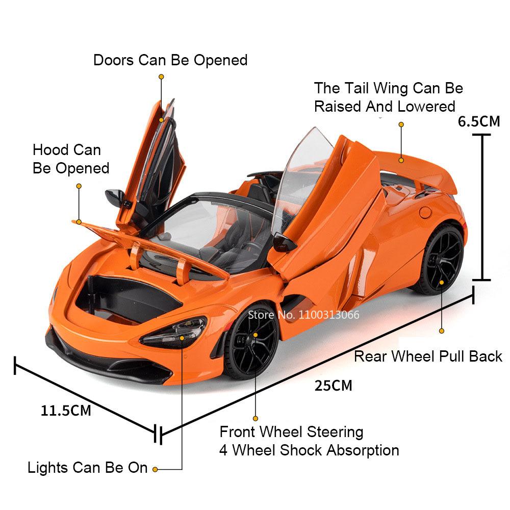 1:18 Hellcat 720S Car Toy Alloy Diecast Model Sound and Light Doors Opened Front Wheel Steering Vehices Birthday Gift for Friend