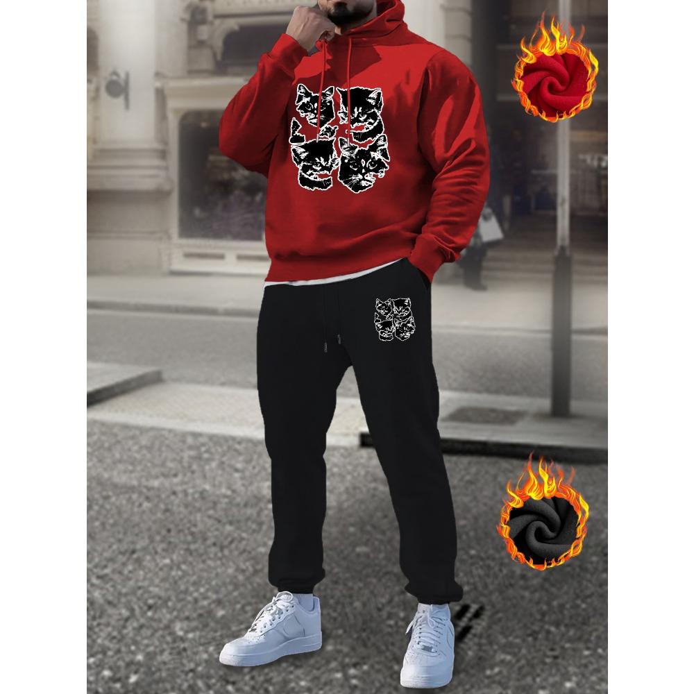 

Мужской модный уличный комплект худи и спортивных штанов - Зимний теплый мужской комплект, Повседневный дизайн с принтом, с карманом XXXL