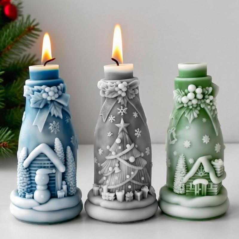 Christmas Embossed Bottle Silicone Candle Mold For Epoxy Resin Making Candle Soap Chocolate Christmas Home Decoration