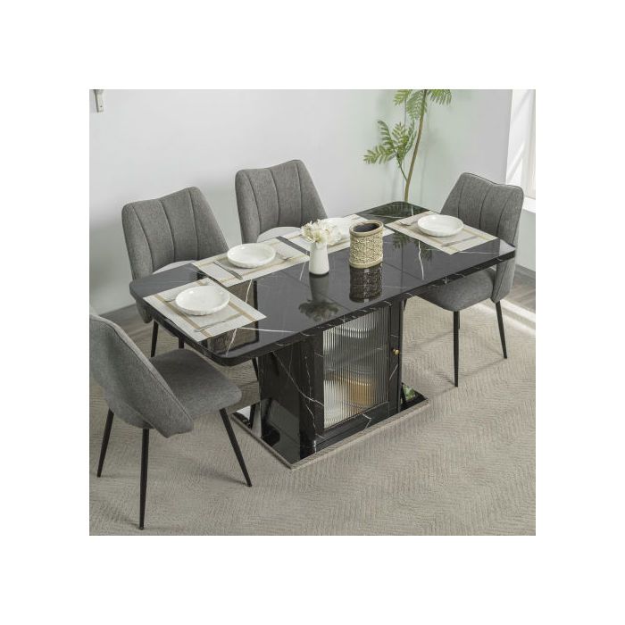 Ausziehbarer Esstisch - MUVOE - Rechteckig - Tischplatte aus schwarzem Marmor - Integrierte Aufbewahrung - 120-160 cm