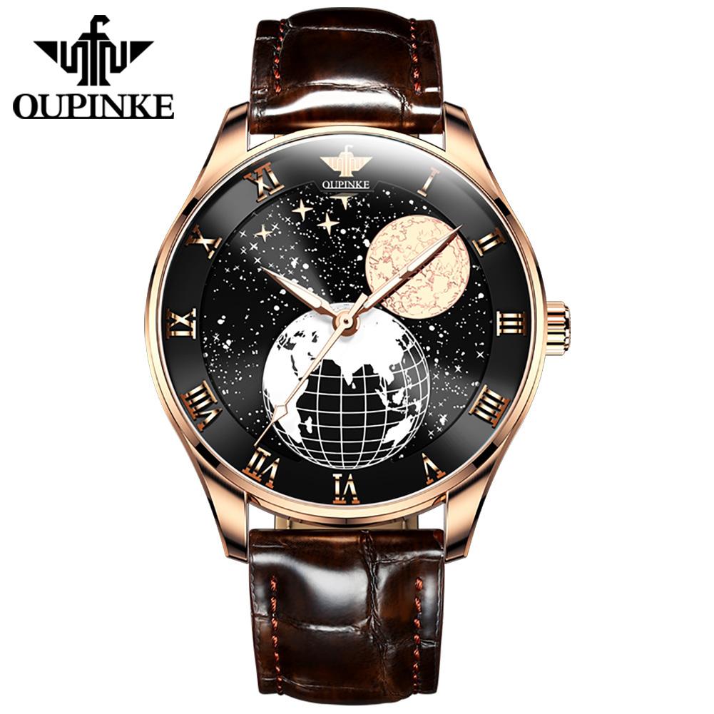OUPINKE Men's Watch Starry Sky Fully Automatic Mechanical Watch Waterproof Leather Strap High-end Watch