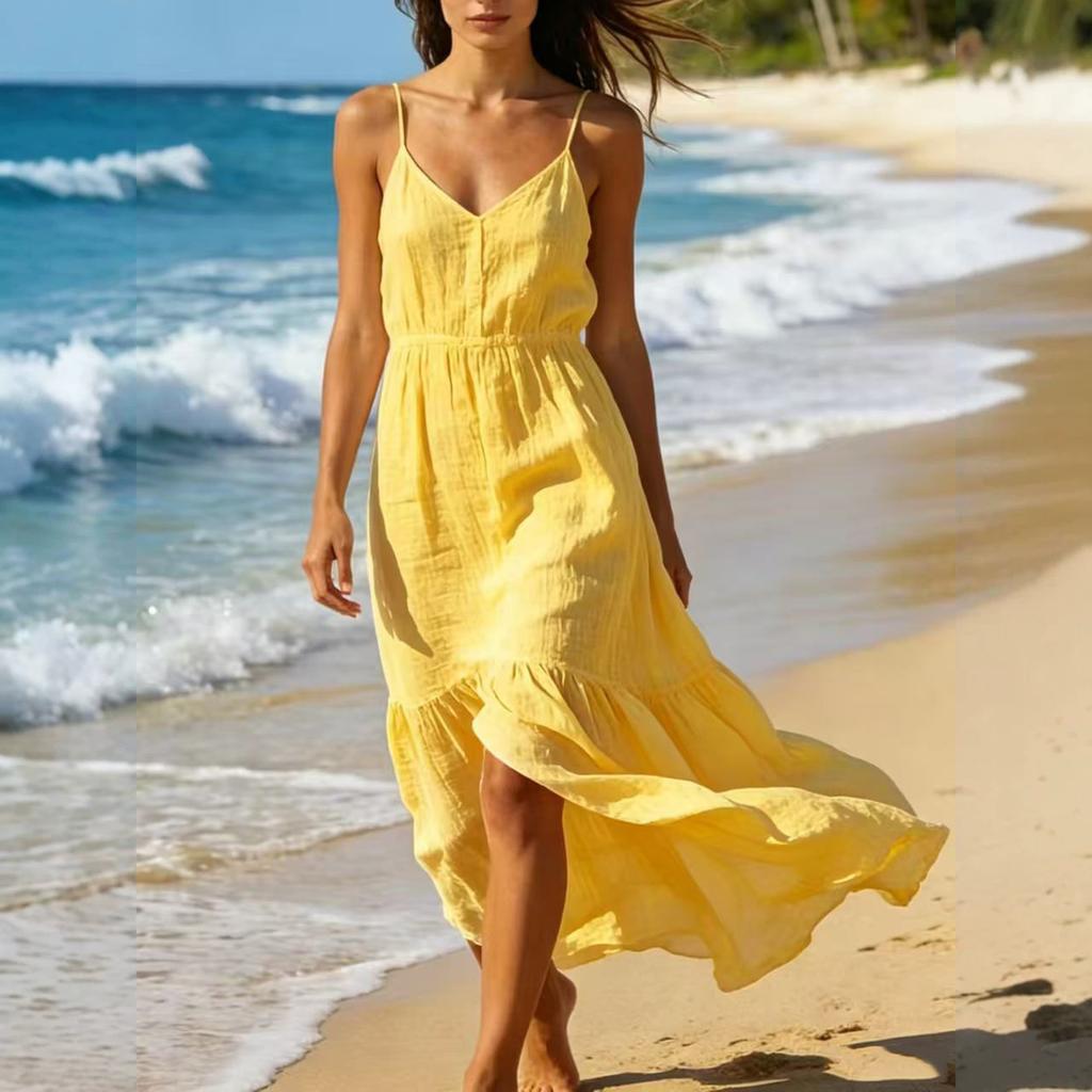 Women's Summer V-Neck Spaghetti Strap Maxi Dress, Color Beach Sundress for Vacation, Comfortable and Flowy