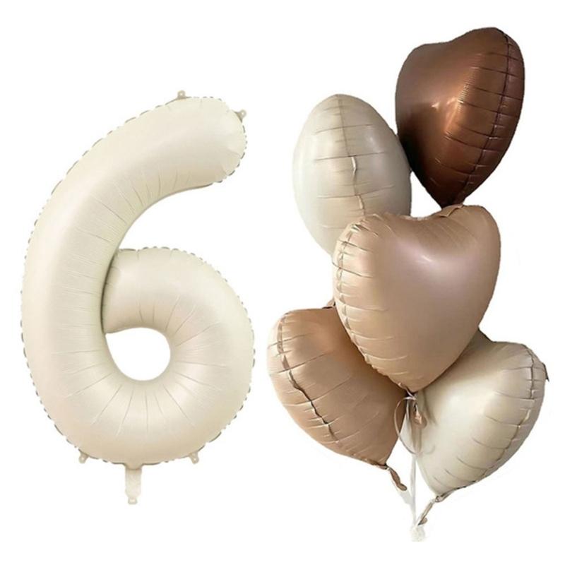 6Pcs Cream Color Number Balloon Set Beige Caramel Number 0-9 Balloon Foil Helium Ball Birthday Wedding Party Decoration