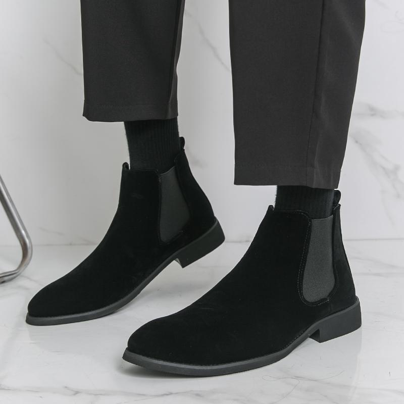 Men's Pointed Suede Leather Casual Chelsea Ankle Boot Luxury Designer Winter Trend Black Blue High Tops Shoes Zapatos Hombre