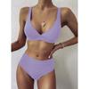 Big Pit Strip High Waist Pure Color Bikini Double Shoulder Belt Split Swimsuit Women's Swimsuit