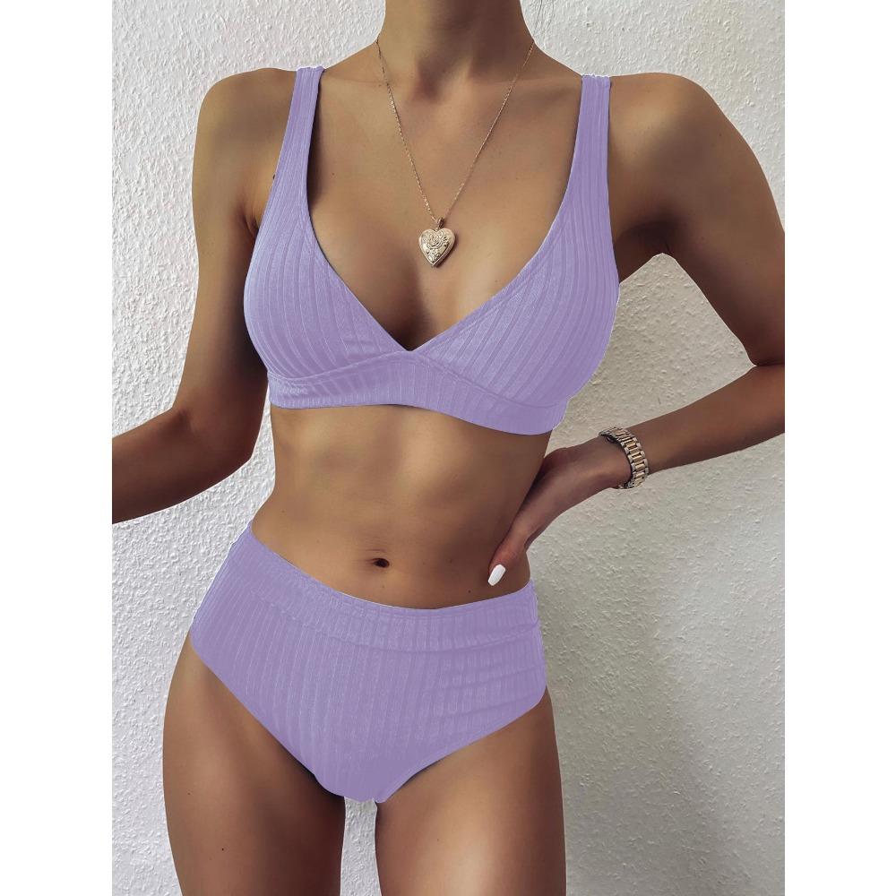 Big Pit Strip High Waist Pure Color Bikini Double Shoulder Belt Split Swimsuit Women's Swimsuit