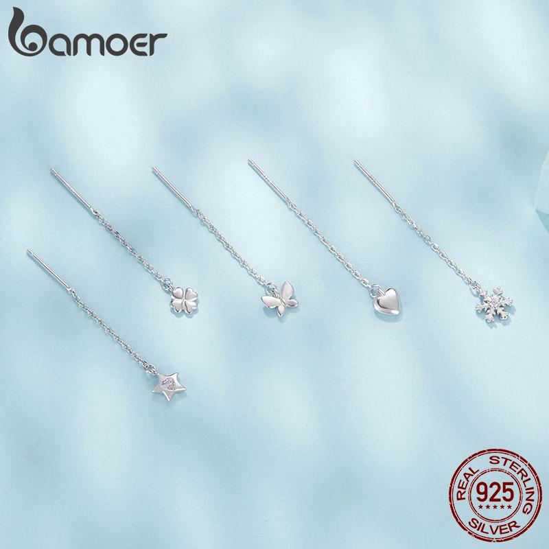 BAMOER 925 Sterling Silver Snowflake Droplet Dangle Earrings for Women Teens Elegant Long Dangling Earrings Threader Tassel