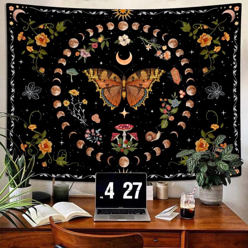 VIKAMA Wandteppich mit Schmetterling, Blume und Mondmotiv – Dekorative Wanddekoration für Schlafzimmer, Wohnzimmer oder Studentenwohnheim