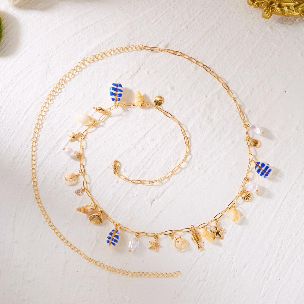 Colorful Painted Shells Belly Chain for Women Sexy Imitation Pearl Starfish Conch Fish Pendant Waist Chain Summer Bikini Jewelry