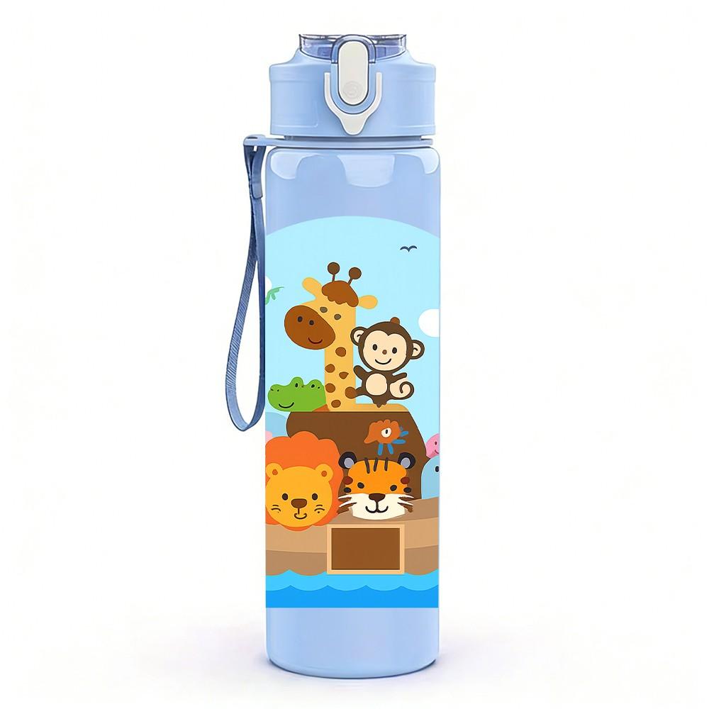 1PC Noah Ark Animal Cartoon Print 750ml Color Plastic Sports Water Bottle Leakproof Flip Straw Lid Suitable for Sports Office Home Use