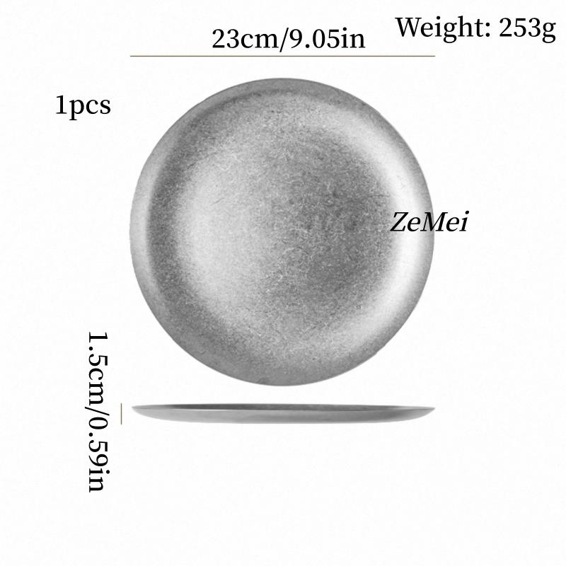 Retro Stainless Steel Circle Dinner Plate,Gray Heat-Resistant Home Steak Plate Dinner Dishes Grill Tray Tableware,Kitchenware