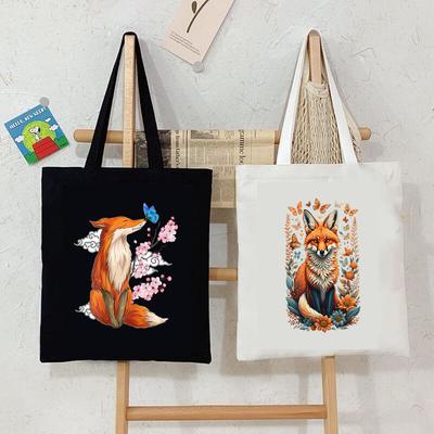 Borse a mano con stampa di volpe sakura da donna, borsa shopper per la spesa con farfalla e fiori selvatici, borsa a spalla di tendenza alla moda riutilizzabile con volpe animale anime