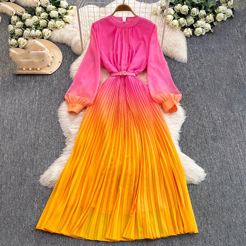 

Пуловер с градиентным дизайном, рукавами-фонариками, длинное платье, плиссированный пояс, свободный стиль, летние женские платья 2025, весна 27X2442 XXL