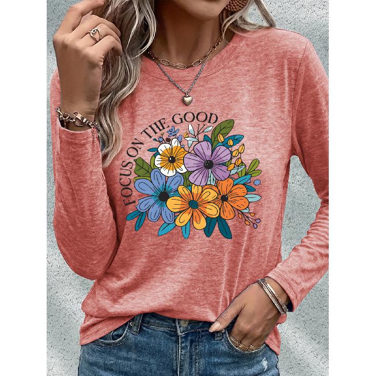 Women's Casual Sports Long Sleeve Floral Print Long Sleeve T T-shirt with Colorful Daisy and Wildflower Patterns and English Letters FOCUS ON THE