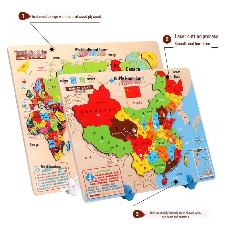 Magnetic Wooden World Map Jigsaw Puzzle for Children's Early Education