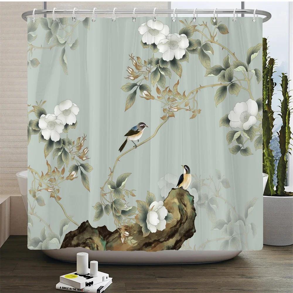 Plant Flowers and Birds Shower Curtain 180x180cm Floral Printed Shower Curtain Polyester Bath Curtain Bathroom Decor With Hooks