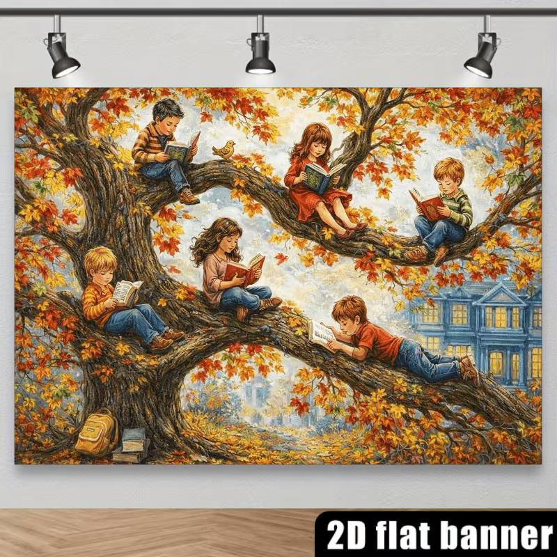 2D Herbst Kinder Lesebaum Wandteppich, Kinder lesen unter Herbst-Ahornbaum