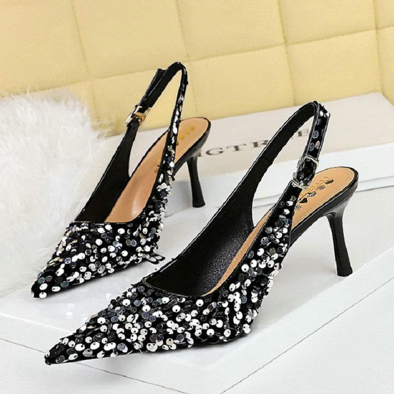 Euro-American Style Party High-Heeled Women'S Shoes With Empty Pointy Back Hollowed Out Back Strap Sequin Single Shoes