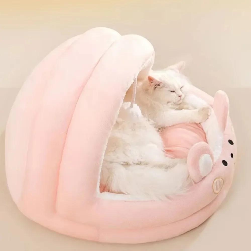 Cat Litter Bed Soft Semi Enclosed Cat Bed and Cozy with Plush Ball Kitten Cave Beds Removable Cute Cartoon Pet Sleep Accessories