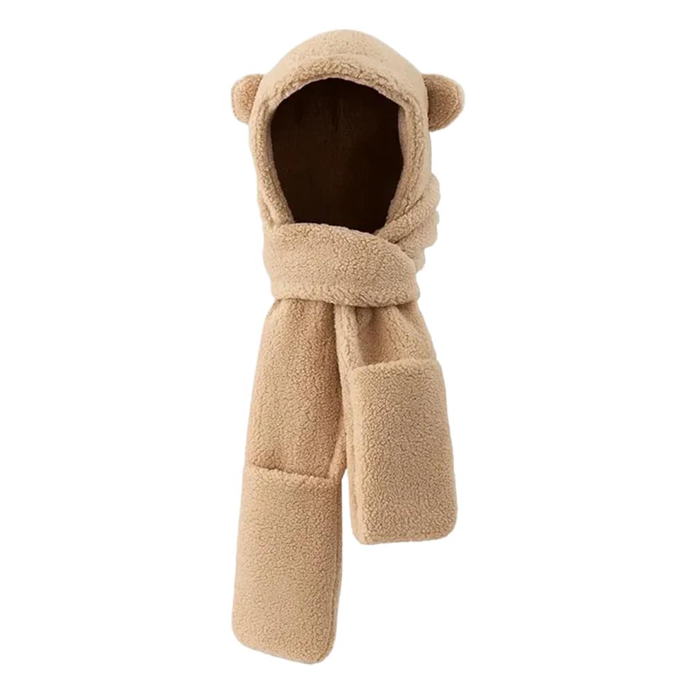 Winter Hat Scarf Gloves Set Bear Ear Protection Warm Windproof Plush Hooded Scarf Mitten Three Piece Set Cute Cartoon Accessory