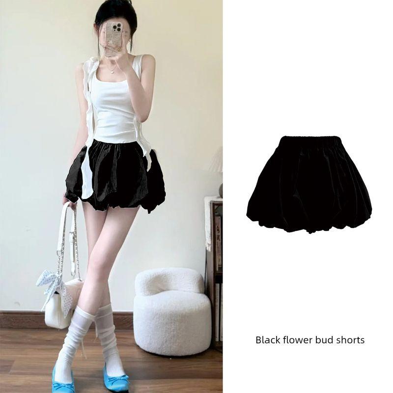 White Puffy Bud Short Culottes Women's Summer Thin High Waist A- Line Wide Leg Pants Slim Looking Small Quick-Drying Bloomers