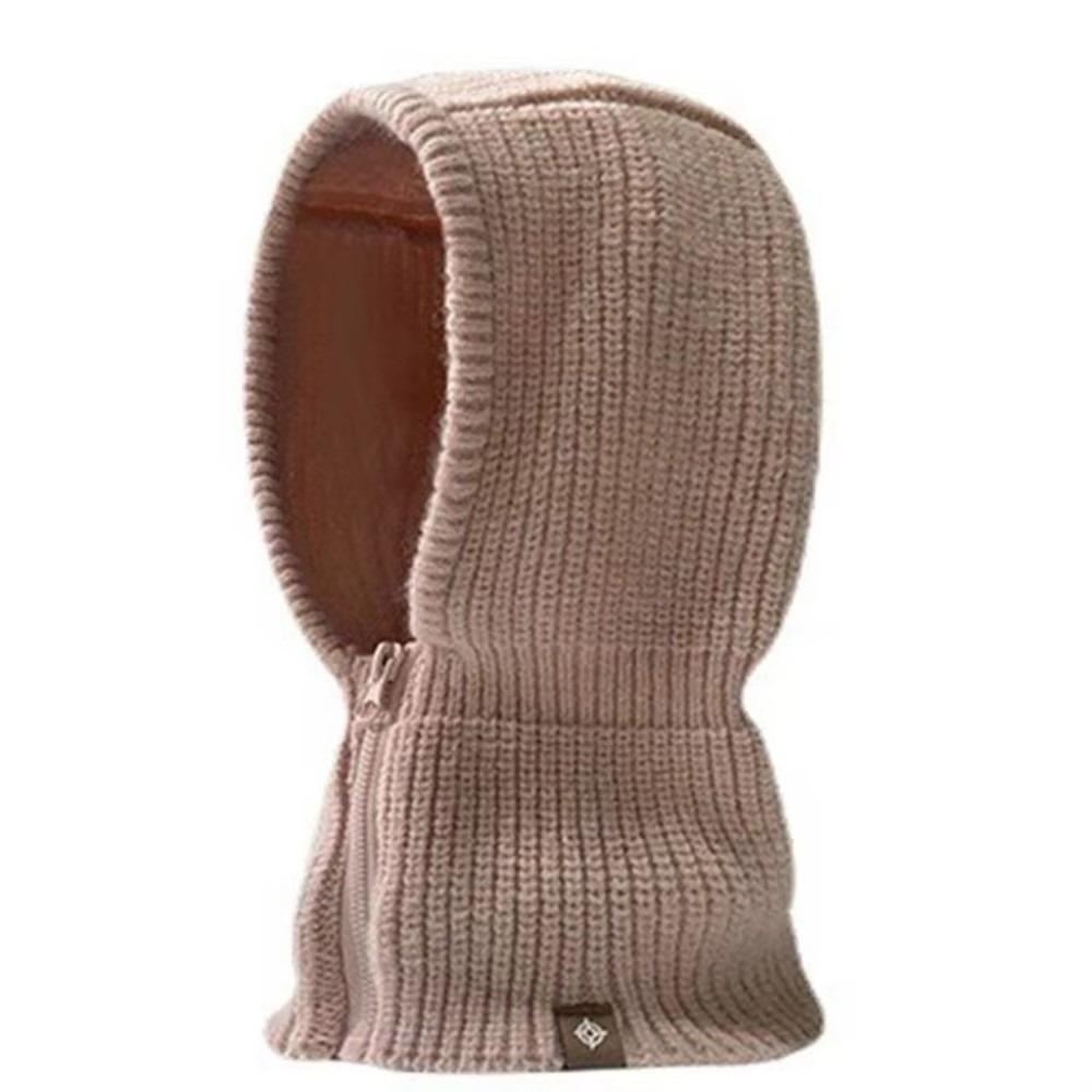 Thickened Wool Knit Hood Hat with Zipper Neck Warmer Pullover Snood Snow Beanie Cap  Winter Outdoor
