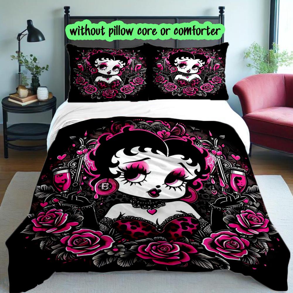 Betty Boop Duvet Cover Set - 3pcs Polyester Bedding Set with Digital Print, All-Season Cozy Bedroom Accessory