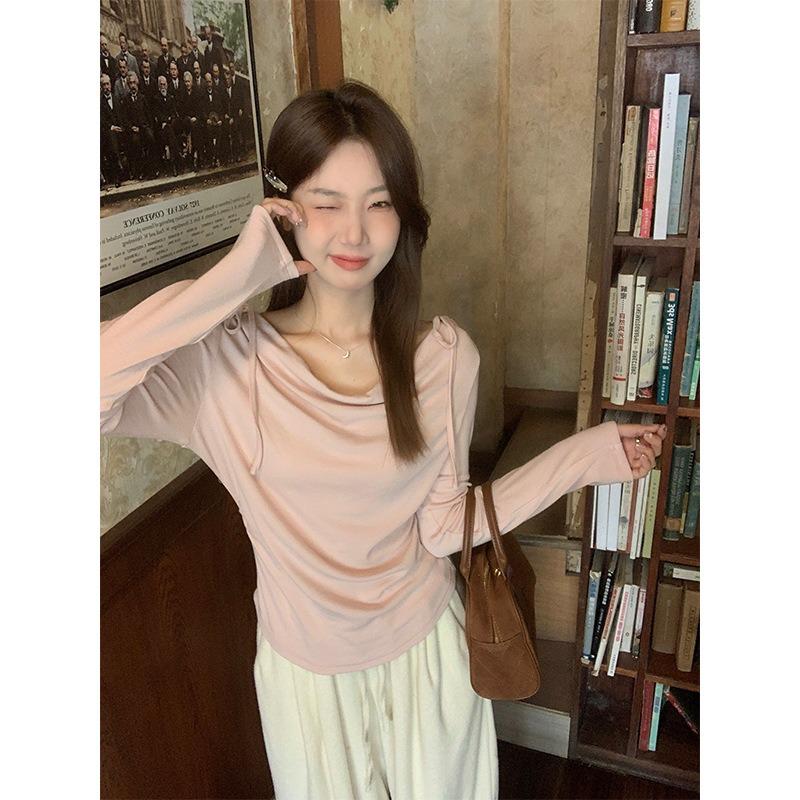 Design Swung Collar Angled Shoulder Long-sleeved Bottoming Shirt Autumn Winter Temperament Chic Inner Top for Women