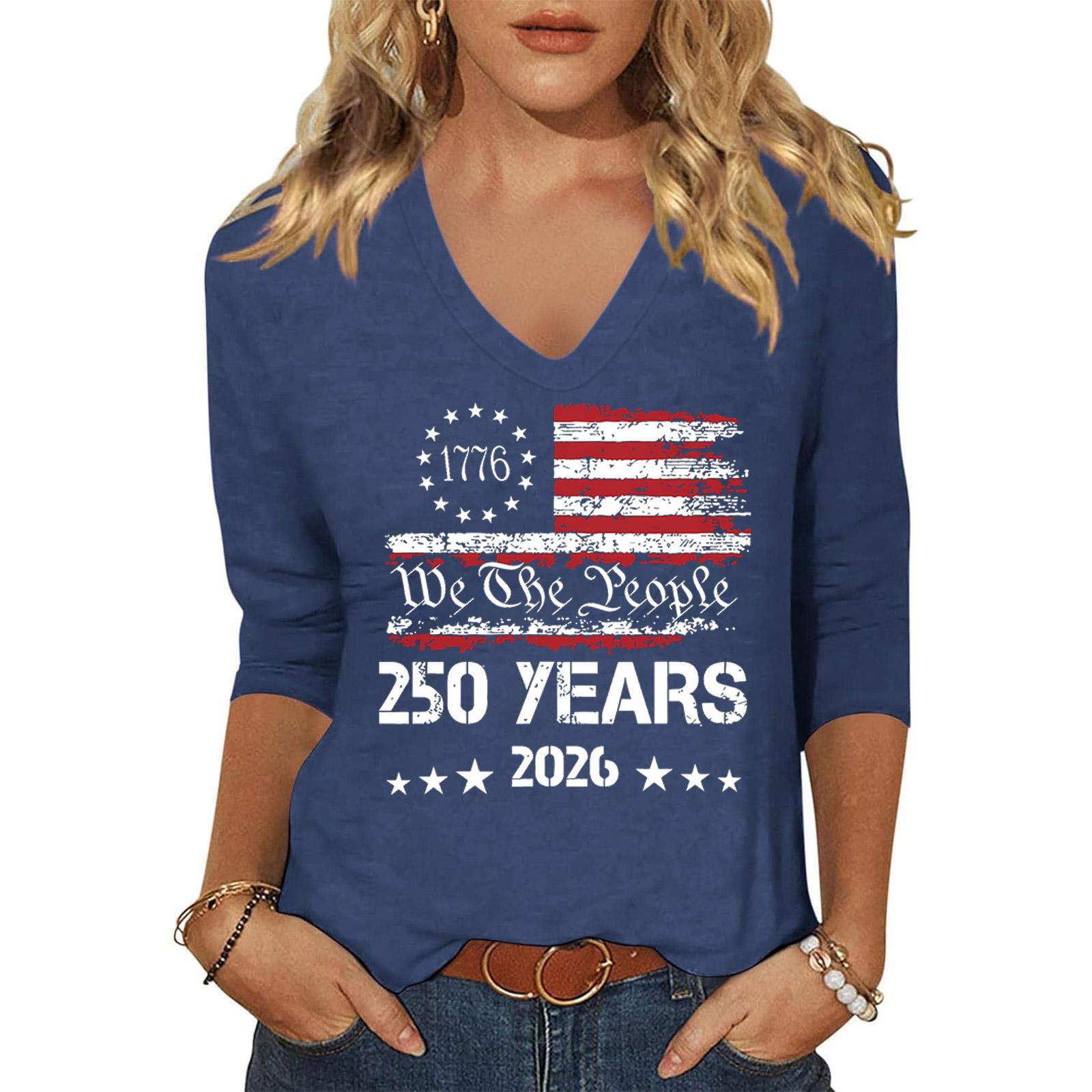 

Women Casual V Neck Shirt 250 Years Commemorative Print Independence Day Top 1776 to 2026 Anniversary Long Sleeve Tee S синий