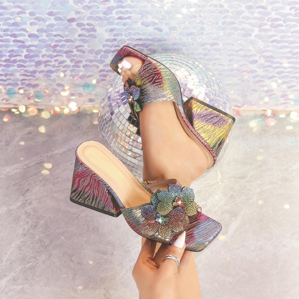 Rhinestone Flower Women's High-Heeled Mules - Square Open Toe, Chunky Heel, Shiny Party Shoes