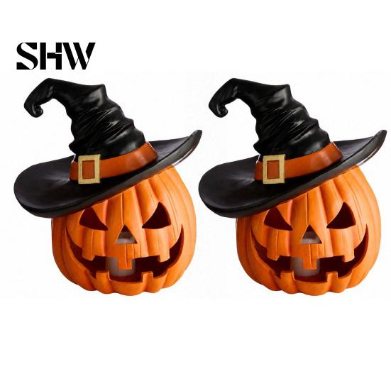Weighted Solid Resin Figurines Halloween Pumpkin Ornament with Witch Hat, Jack O Lantern Decorative Lamp, Tabletop Figurine for Party Spooky