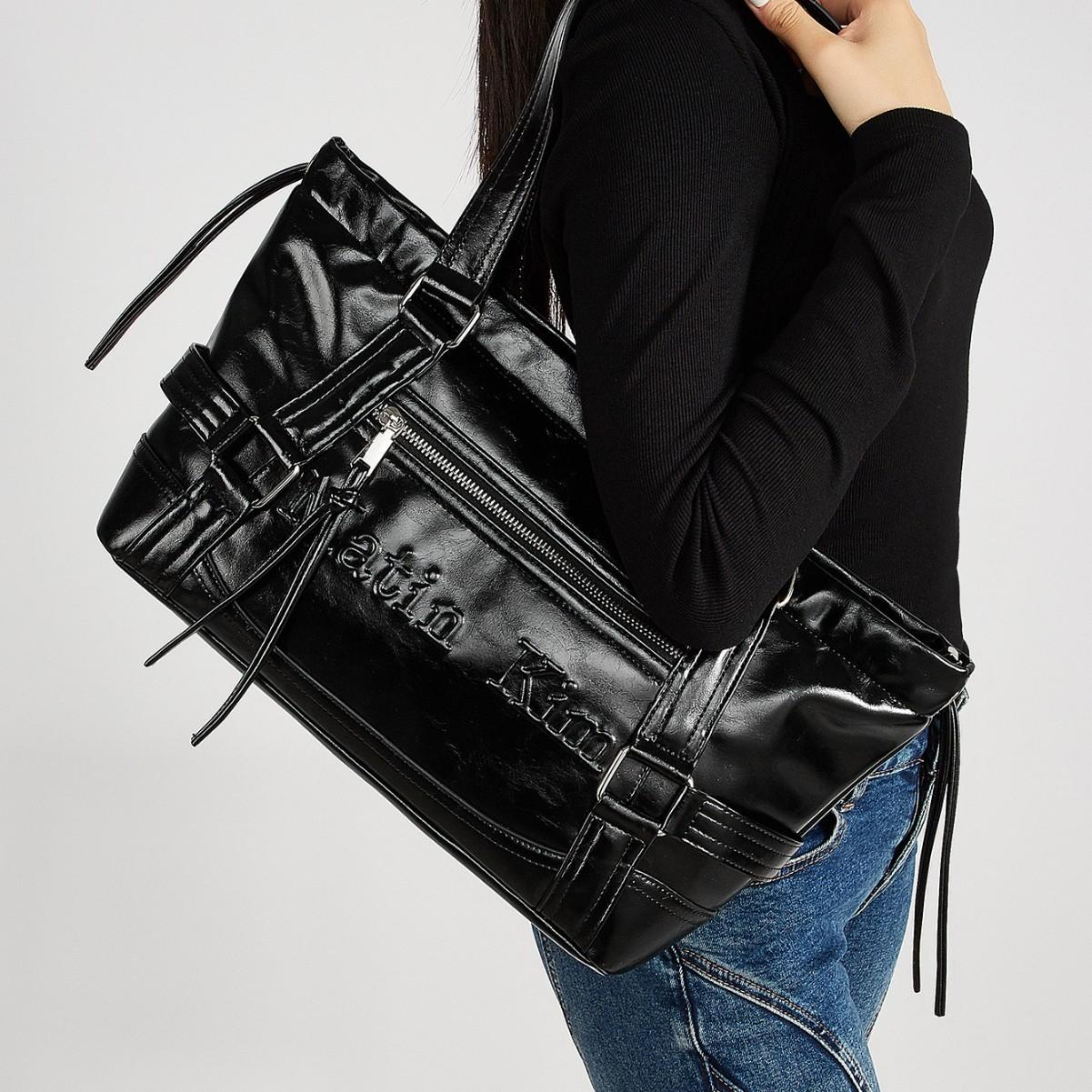 

Новая сумка-тоут большой вместимости, выстиранная, в стиле ретро, портативная, из ПУ материала, на плечо чёрный