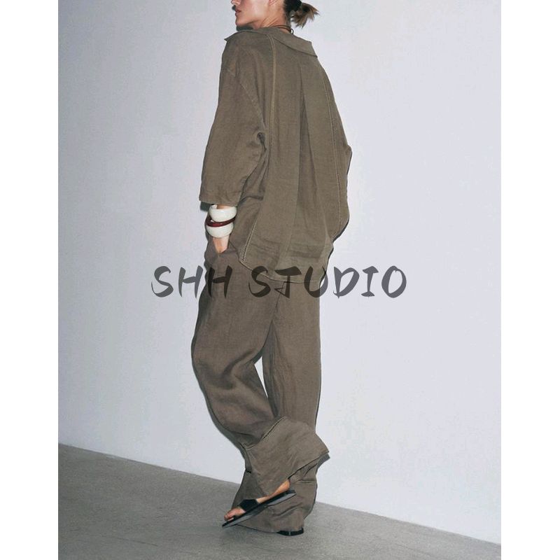 Idle Style Simple Lapel Casual Shirt 4043058 Linen Blended Mid Waist Wide Leg Pants 4043059