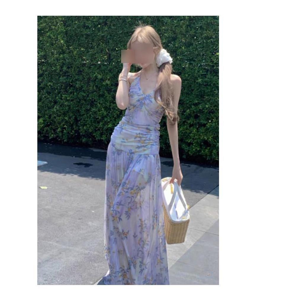 

Чувство дизайна дофамин красивая цветочная пляжная юбка милая красотка воротник-халтер платье женское летнее XL- (recommended 110-60kg)