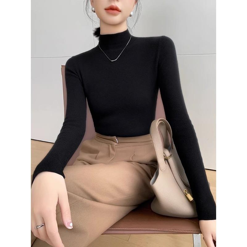 Autumn and winter black temperament semi-turtleneck knitted sweater women's new long-sleeved bottom sweater top