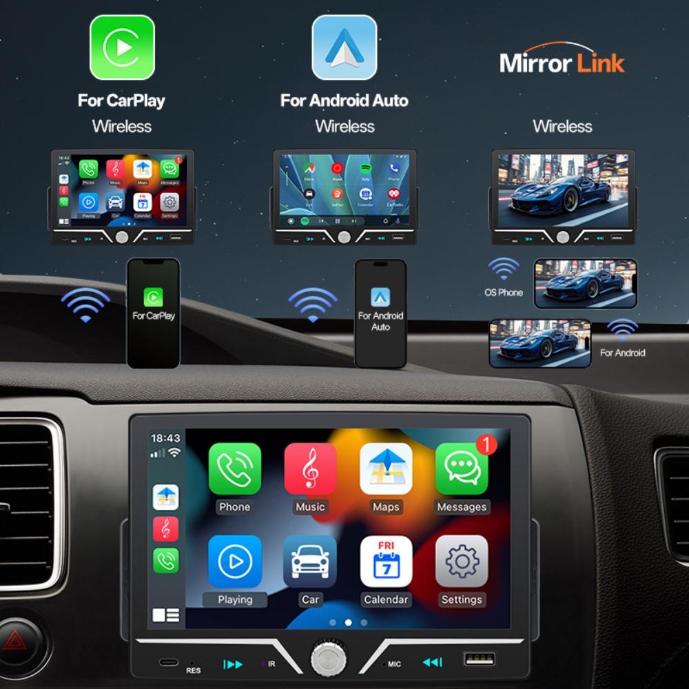 Multifunctional Car Radio 7 Inch IPS Touch Screen 1 Din Wireless Android Auto Carplay 7 Color Bluetooth Type-C Charging Mirror Link Stereo Playback