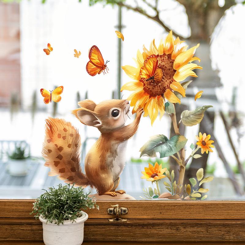 2026 New Year Sunflower Squirrel Watercolor Wall Sticker for Home Decor