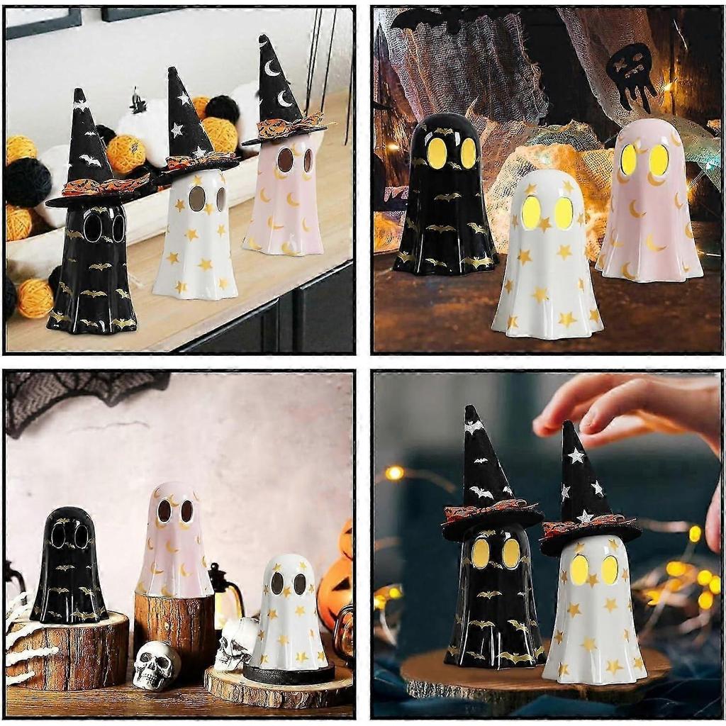 3pcs Ghost Halloween Decorations, Resin Halloween Ghost Interior Decorations, Ghost Decorations with Witch Hat, Suitable for Autumn Halloween Home Dec