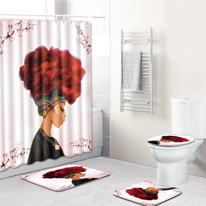 Shower Curtain Floor Mat Set African Woman E-Commerce Bathroom Carpet