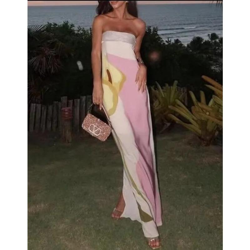 

Модное летнее платье без бретелек с принтом без рукавов повседневное женское свободное длинное платье-труба женское весеннее элегантное простое женское платье XL розовый/белый