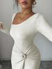 2026 Korean European Style Split Maxi Dress - Elegant Slim Fit Knit with Long Sleeves and Hip-Hugging Design