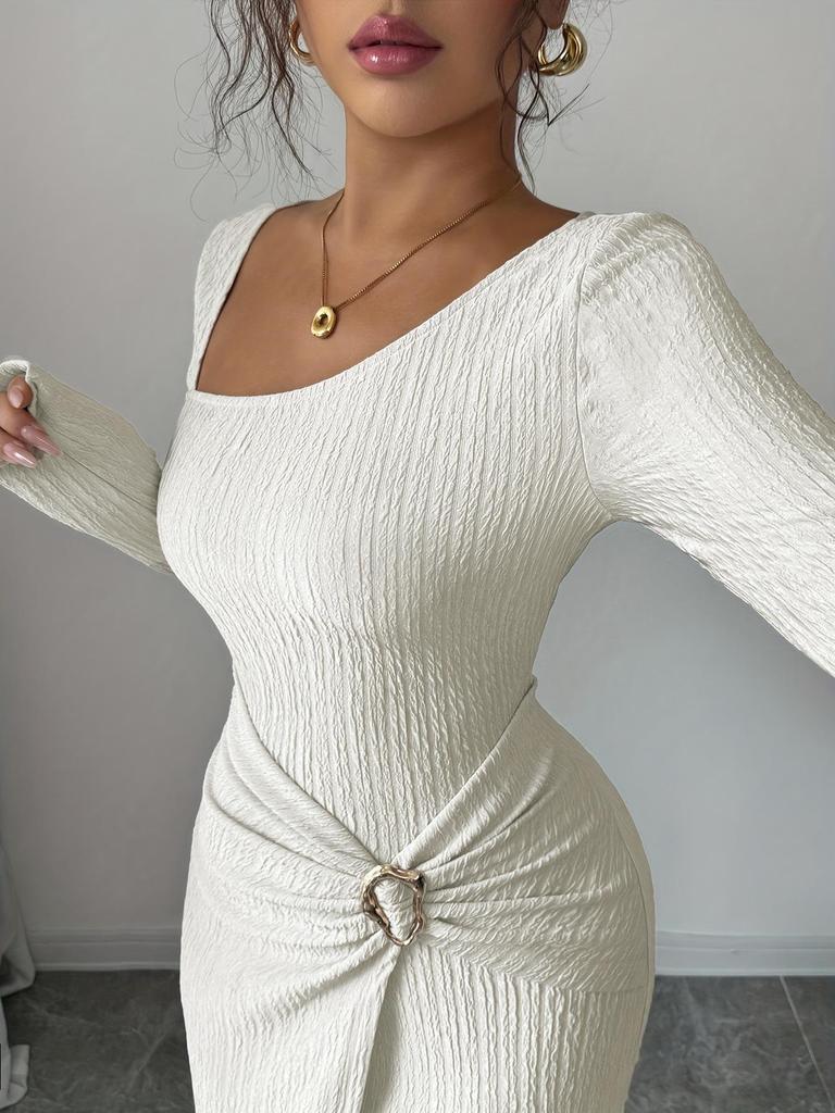 2026 Korean European Style Split Maxi Dress - Elegant Slim Fit Knit with Long Sleeves and Hip-Hugging Design