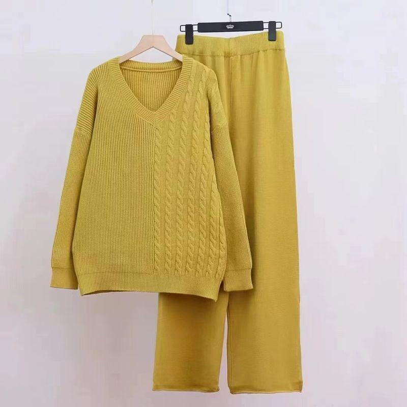 

Модный Свободный Модный Вязаный Необычный Свитер Свободные Брюки Костюм-двойка Комплект свитер и брюки Yellow-Green M