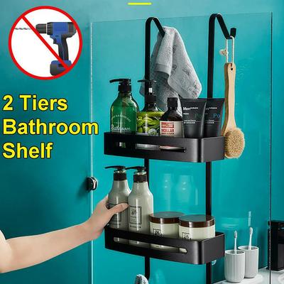 2 Layers Black Hanging Bath Shelves Bathroom Shelf Organizer Nail-free Shampoo Holder Storage Shelf Rack Bathroom Basket